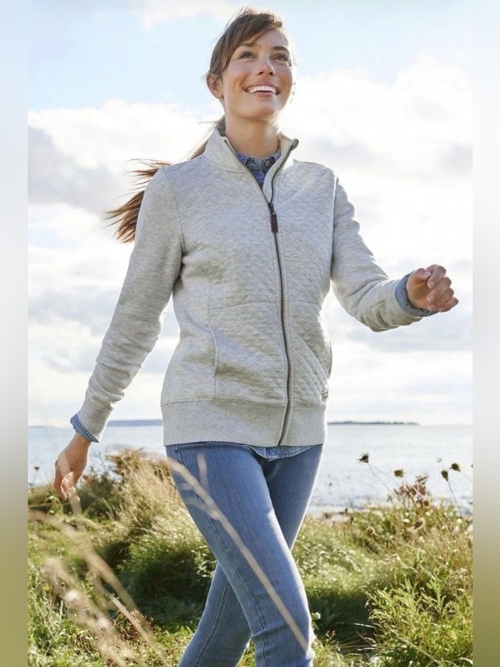 L.L. Bean Light Gray Heather Women’s Sz XL Quilted Full-Zip Sweatshirt Jacket